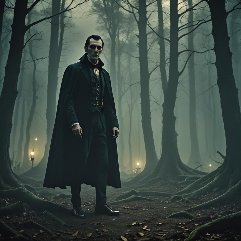 Dracula in Dark Forest: Cinematic Film Still