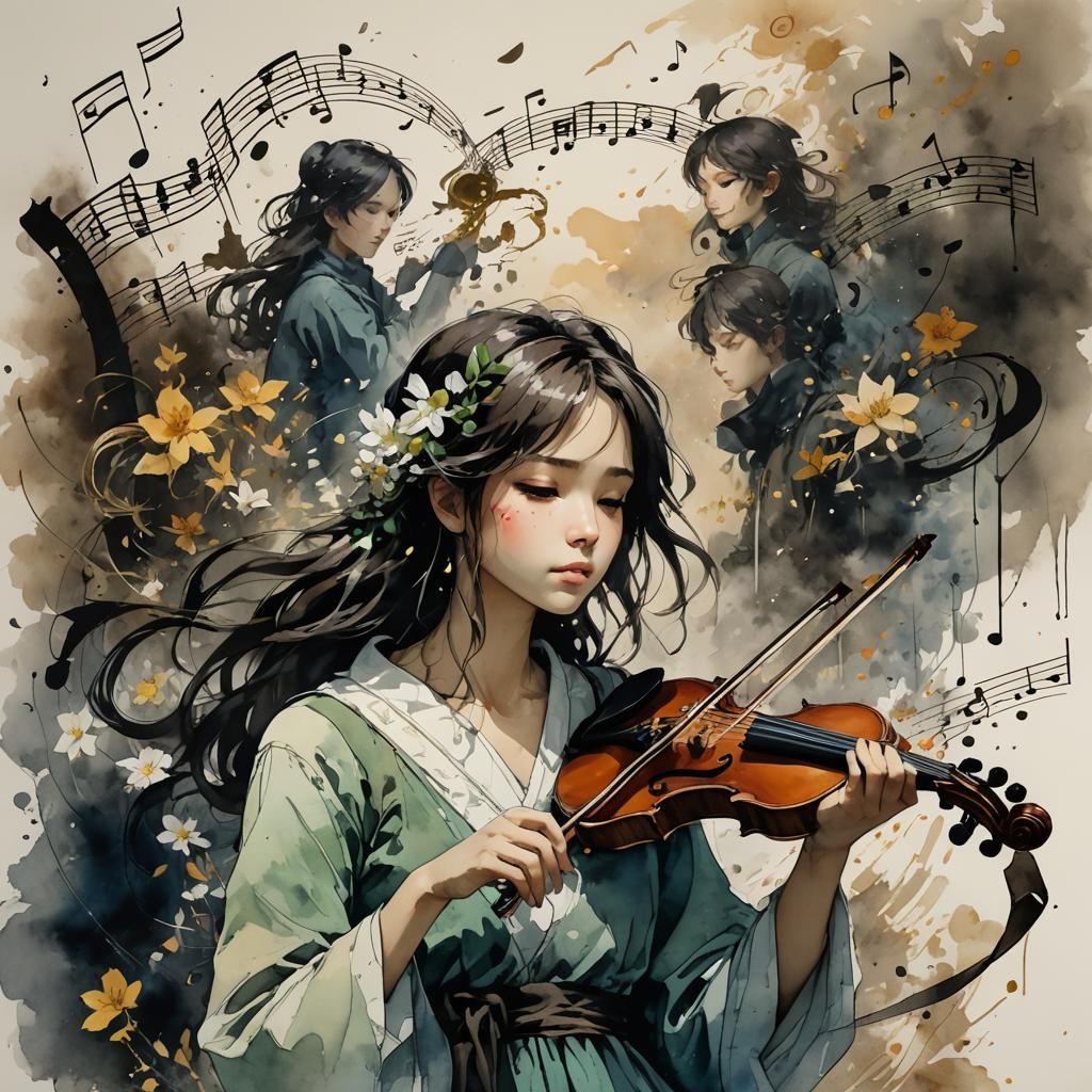 Music Notes in Detailed Digital Watercolor Painting
