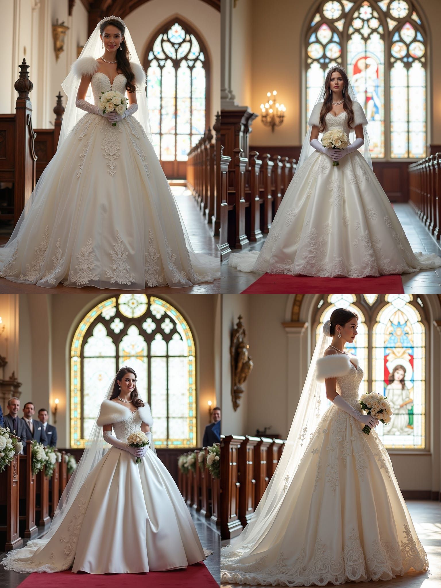 Bride in White Satin Tulle Wedding Dress