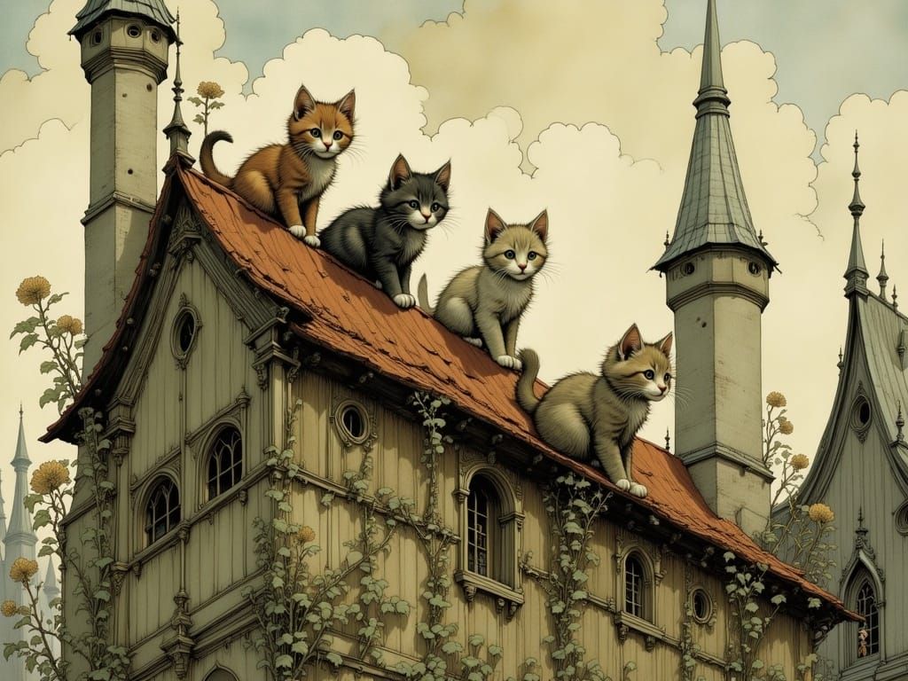 Kittens Explore Gothic Roof in Folk-Art Style