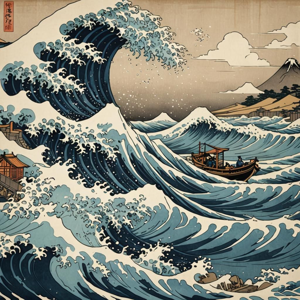 Ukiyo-e Wave Crashing in Serene Atmosphere