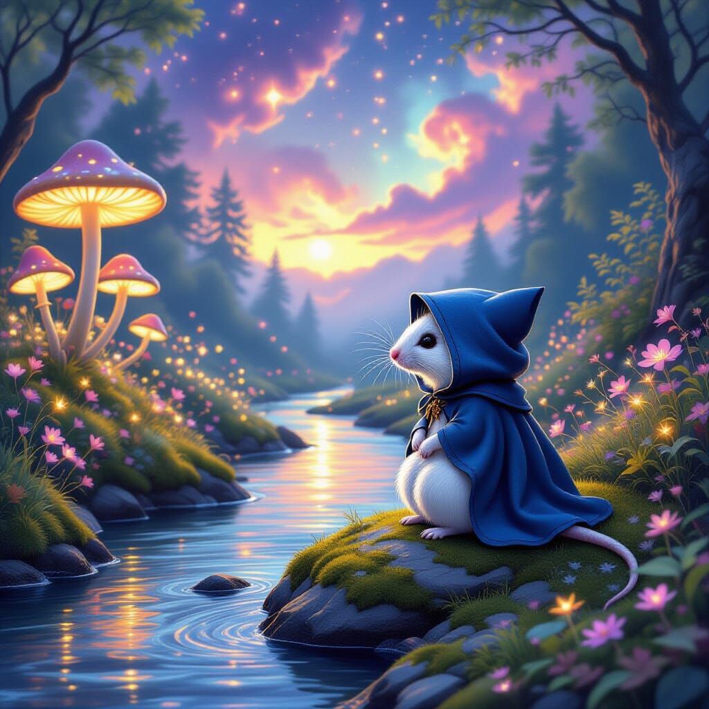 Enchanted Mouse in Blue Cloak by Bioluminescent River