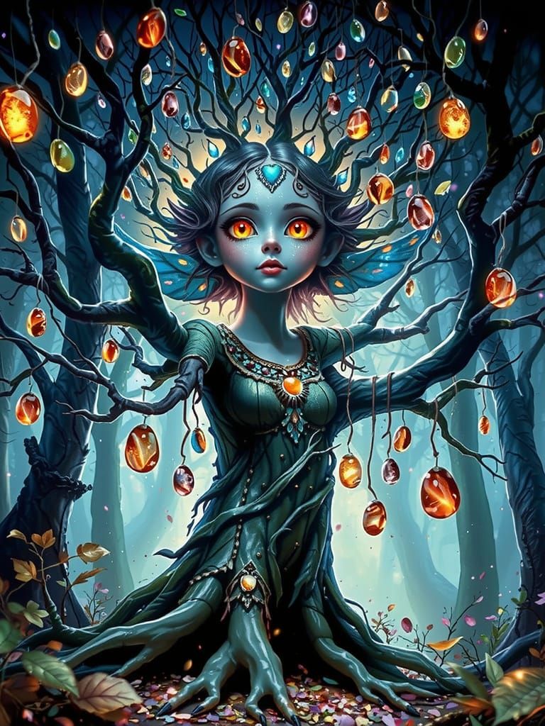 Enchanted Forest Nymph Tree in Whimsical Fantasy Art