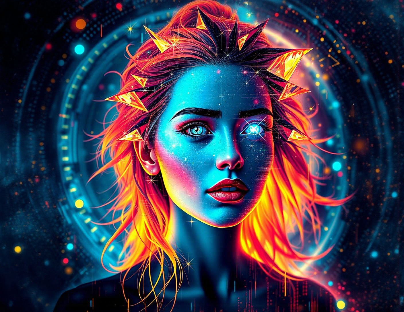 Bioluminescent Glitch Woman Portrait in Cyberpunk Style