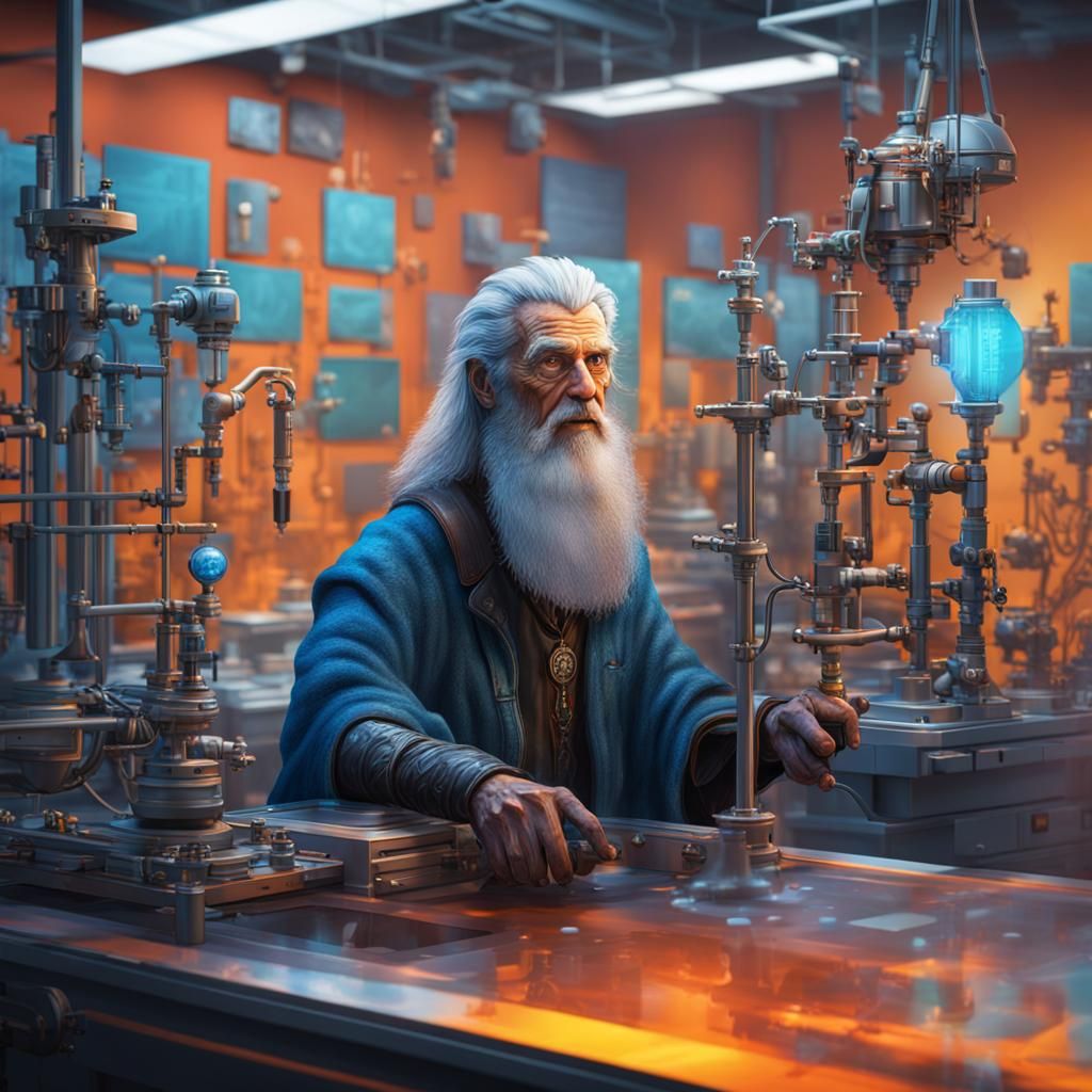 Merlin in a Modern Lab: Hyperrealistic Splash Art
