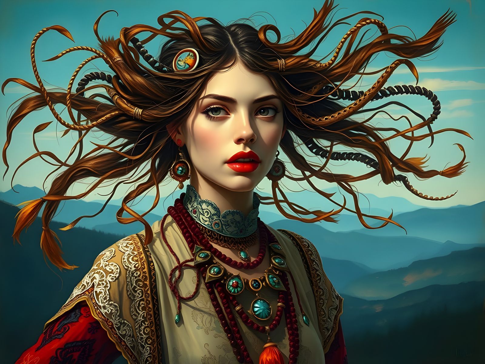 Ethereal Bohemian Goddess with Fading Hair in Dreamy Landsca...