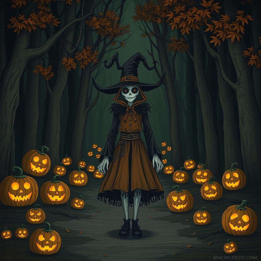 Spooky Forest Figure with Glowing Jack-o'-Lanterns