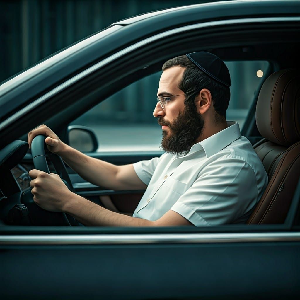 Orthodox Jewish Man in Car, Dreamlike Concept Art