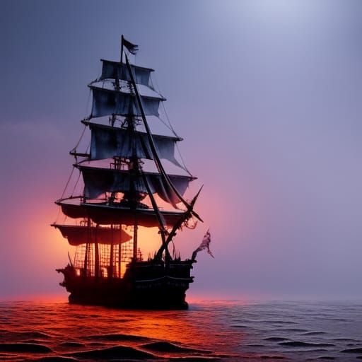 Pirate Ship in Fog Bank at Night with Lightning