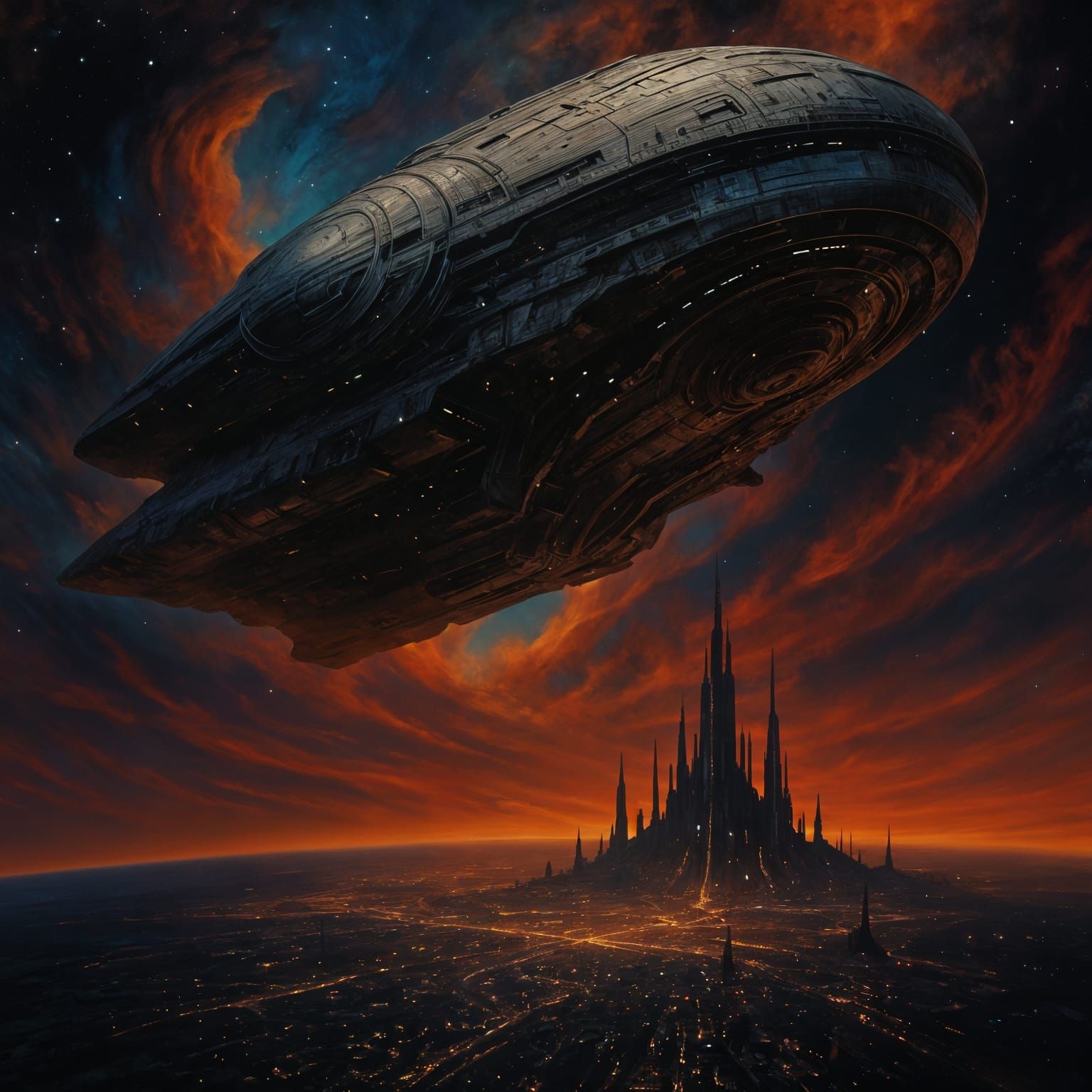Giant Spaceship Over Futuristic City in Cosmic Cloud