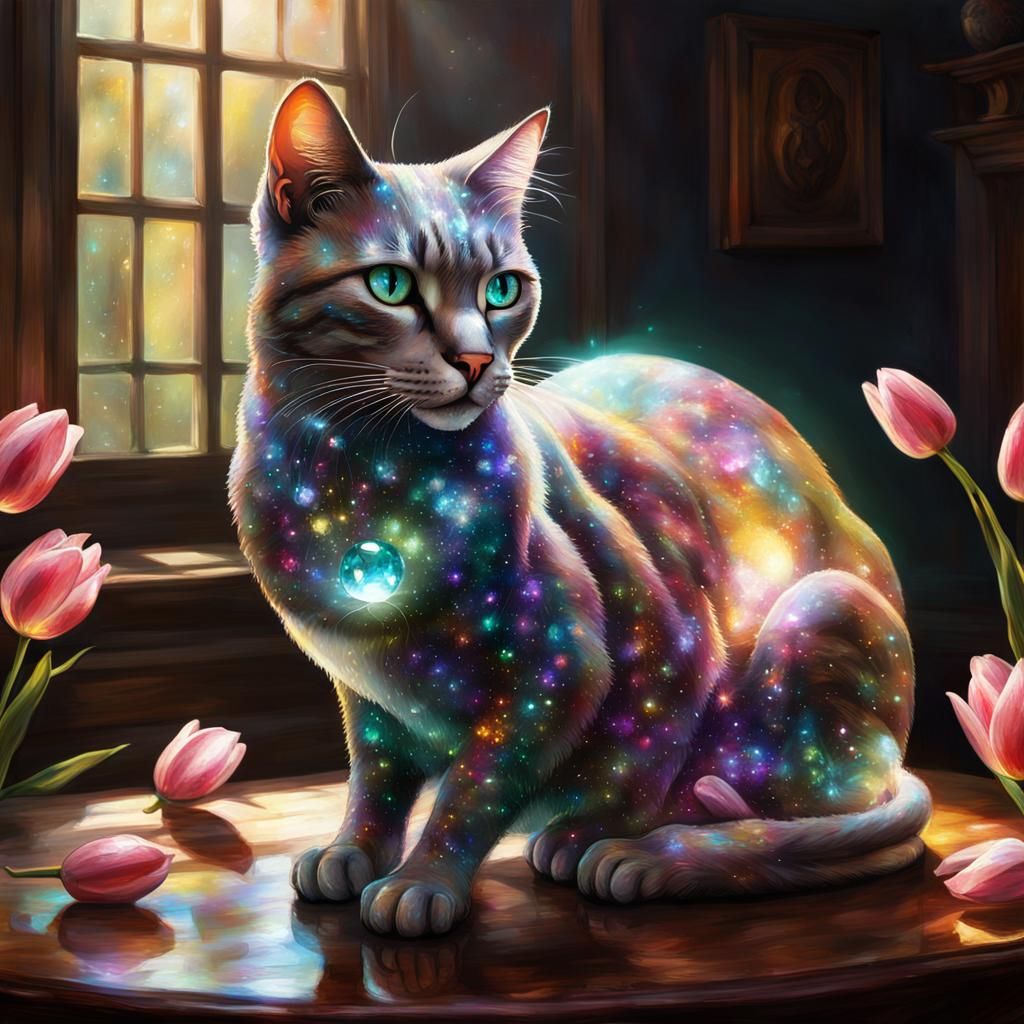 Iridescent Crystal Cat with Tulips in Sunlight
