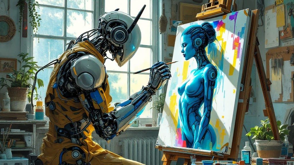 Cybernetic Artist in Serene Studio