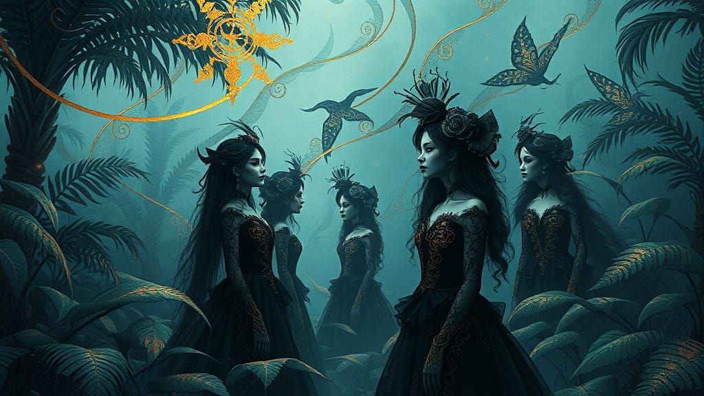 Goths in Mystical, Dreamlike Landscape with Swirling Foliage...