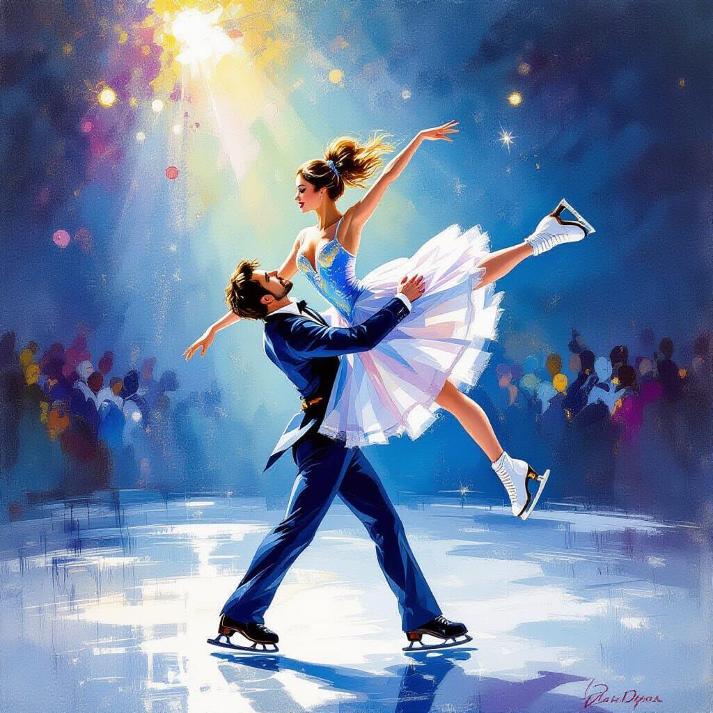 Ice Skaters Star Lift in Oil and Watercolor