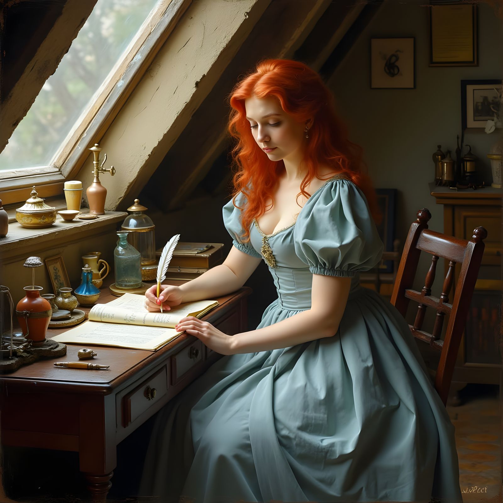 Red-Haired Woman Writes in Sunlit Attic Study