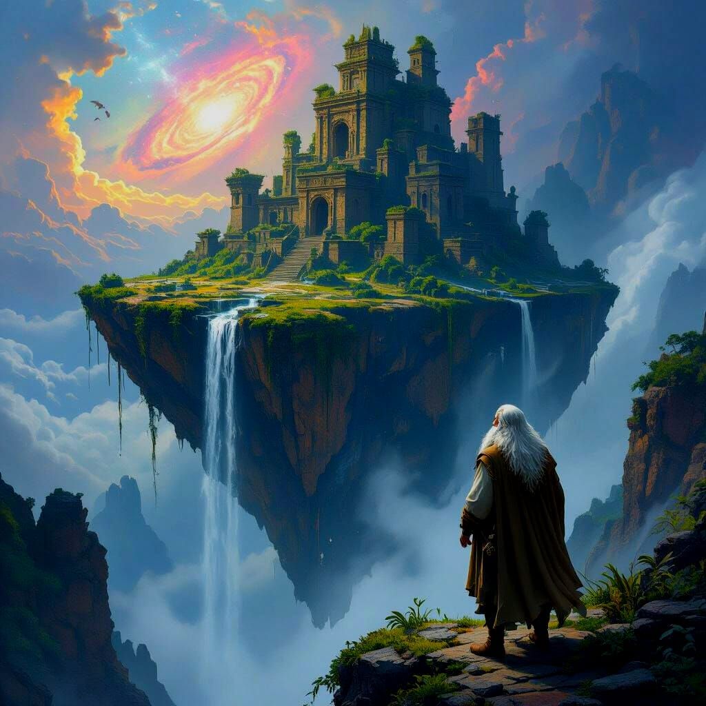 Elderly Explorer Gazes at Nebula from Floating Island