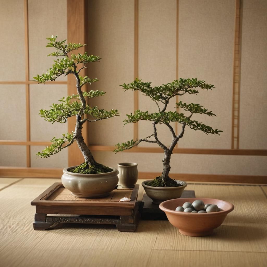 Tranquil Zen Garden with Bonsai in Vermeer Style