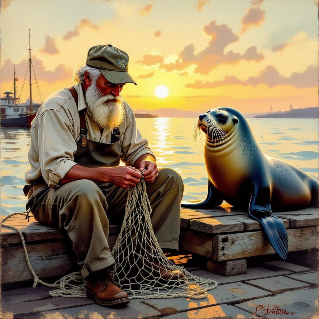 Old Fisherman Mending Nets with Sea Lion Companion