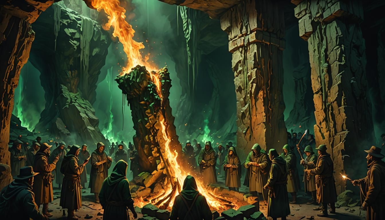 Underground Ritual with Fire Pillar: Hyperrealistic Art