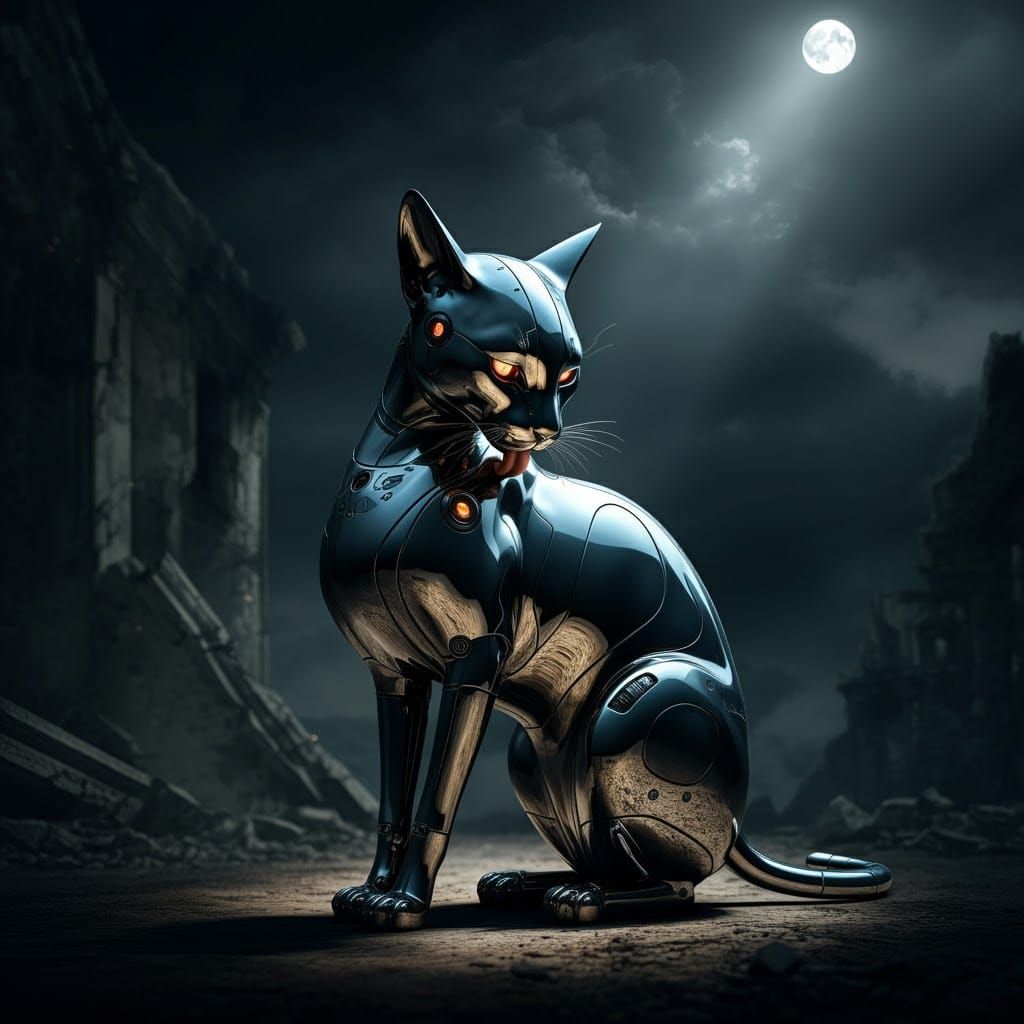 Cyborg Cat Grooms in Moonlight: Photorealistic Sci-Fi
