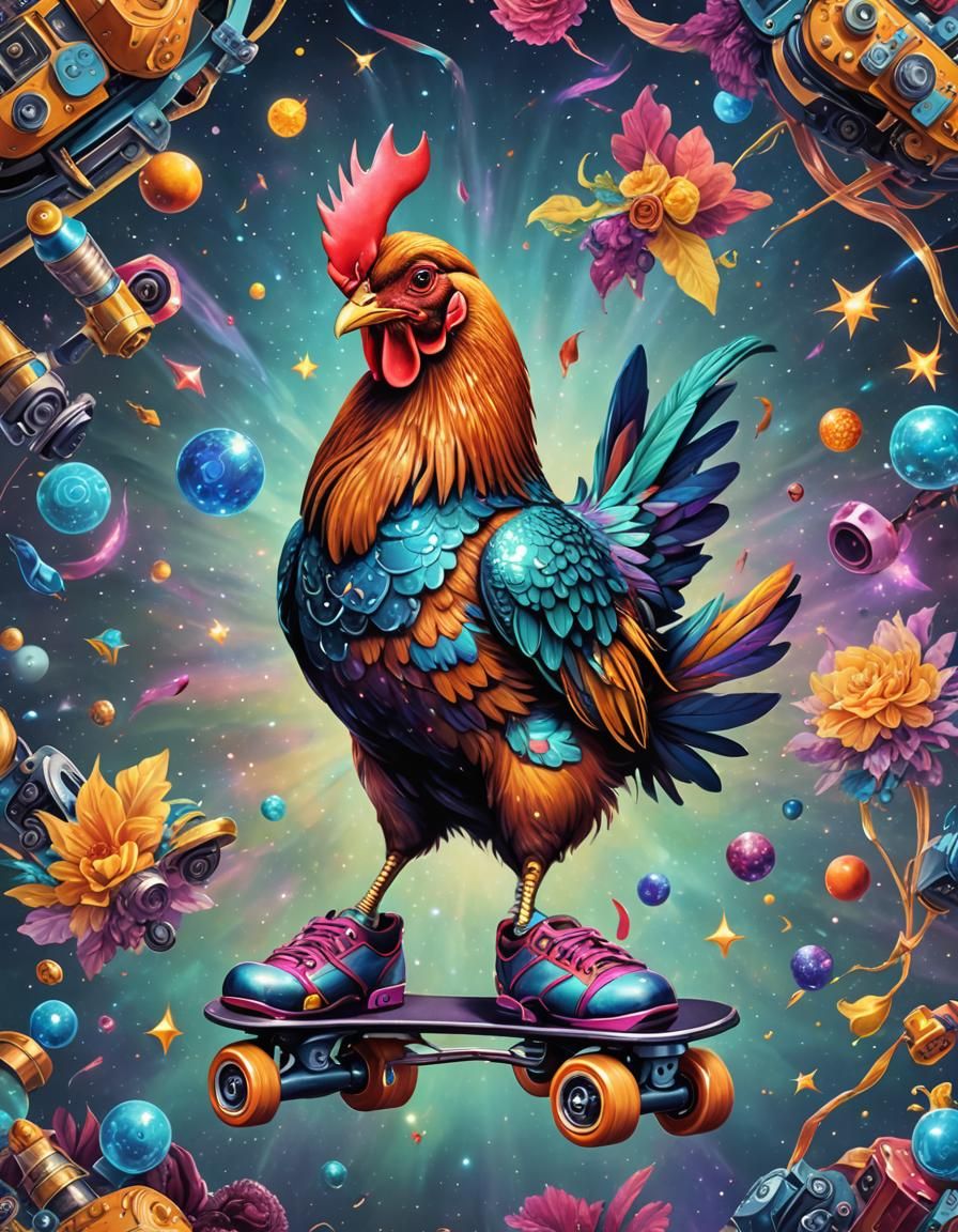 Chicken on Roller Skates: Cosmic Illustration