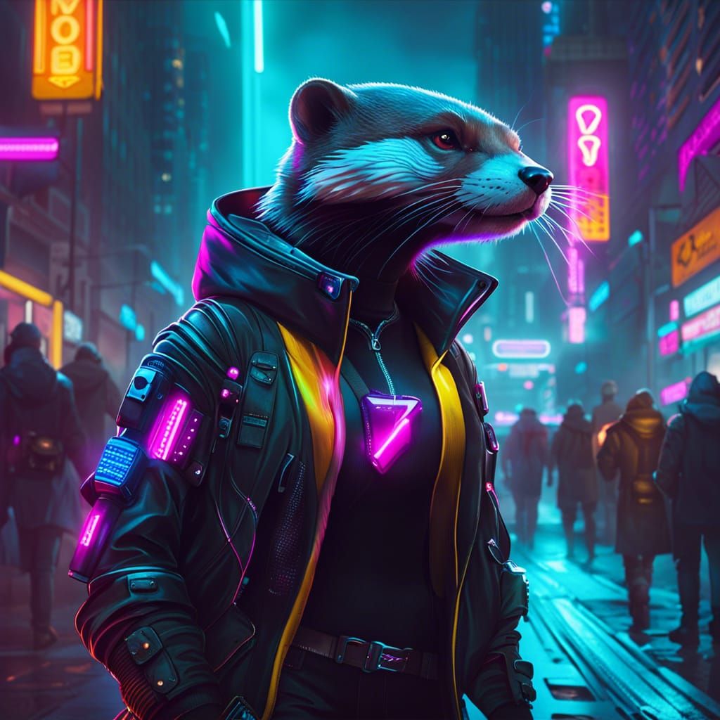 Cyberpunk Otter Woman in Cityscape