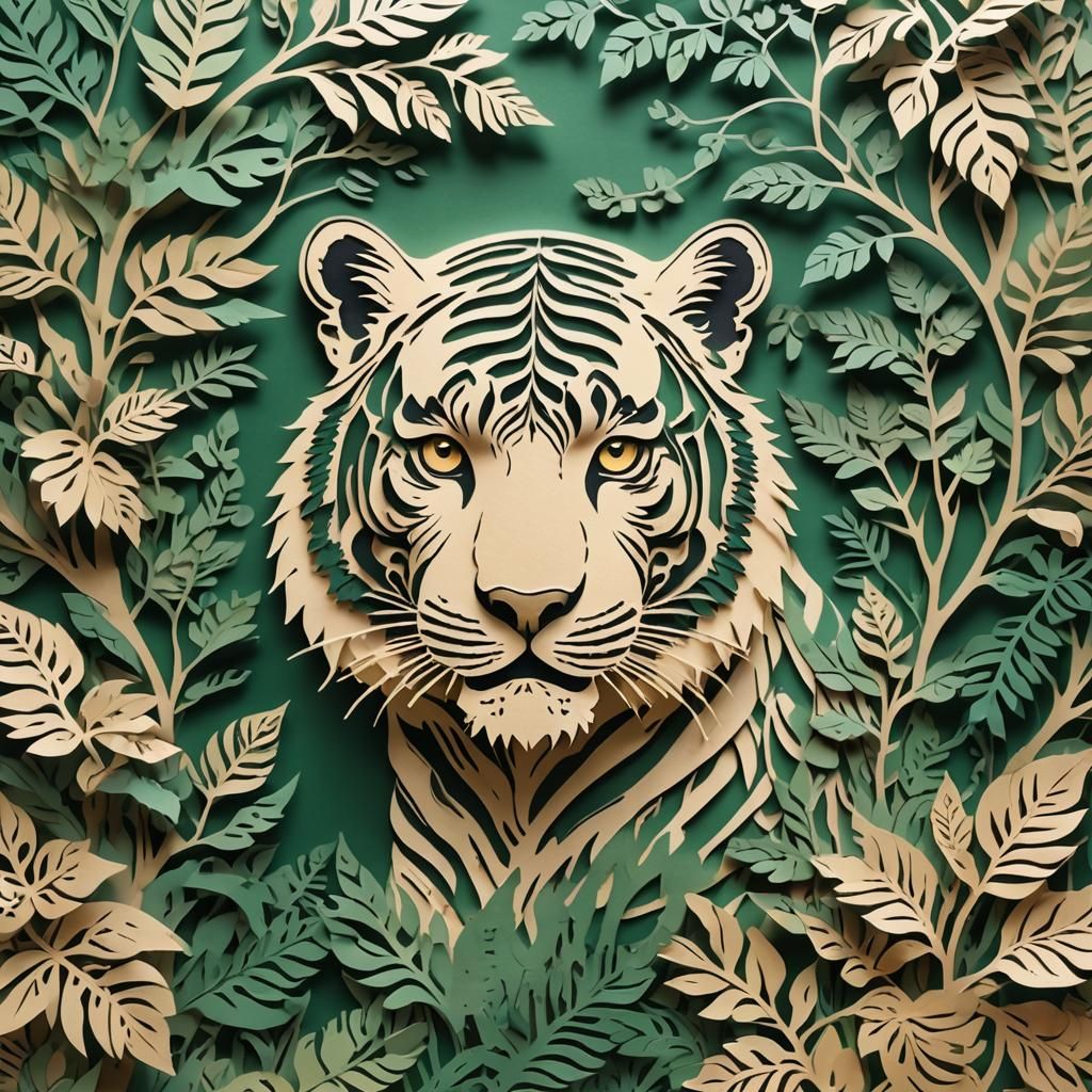 Intricate Paper Cut Tiger with Foliage in Silhouette
