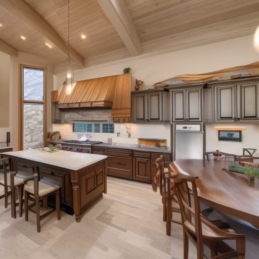 Spacious Mountain Home Kitchen with Island in Digital Painti...