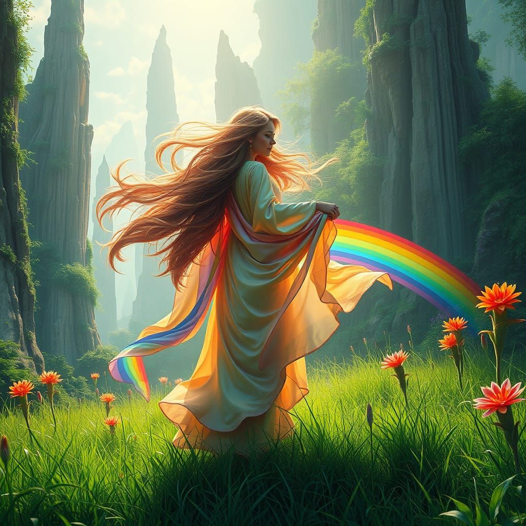 Majestic Woman Rolls Rainbow Across Emerald Meadow