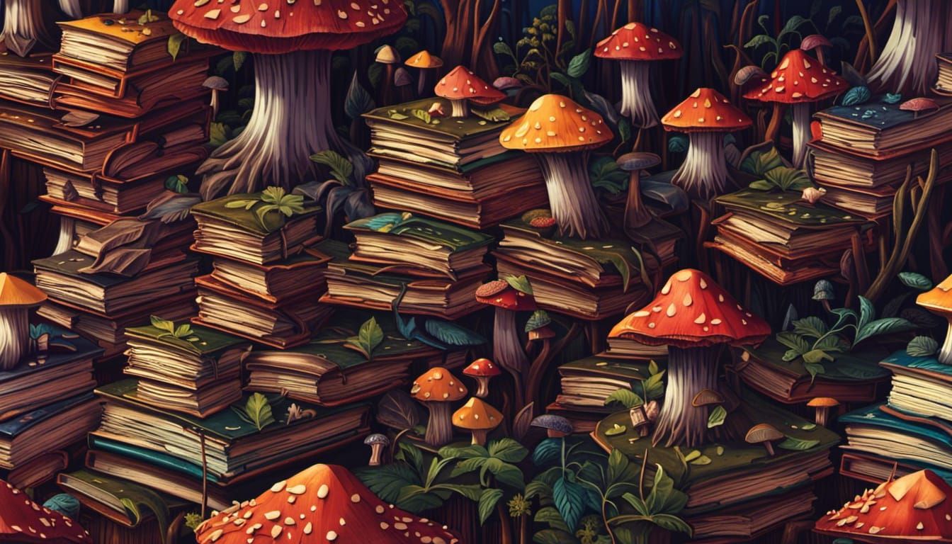 Creepy Forest of Decaying Books in Lovecraftian Style