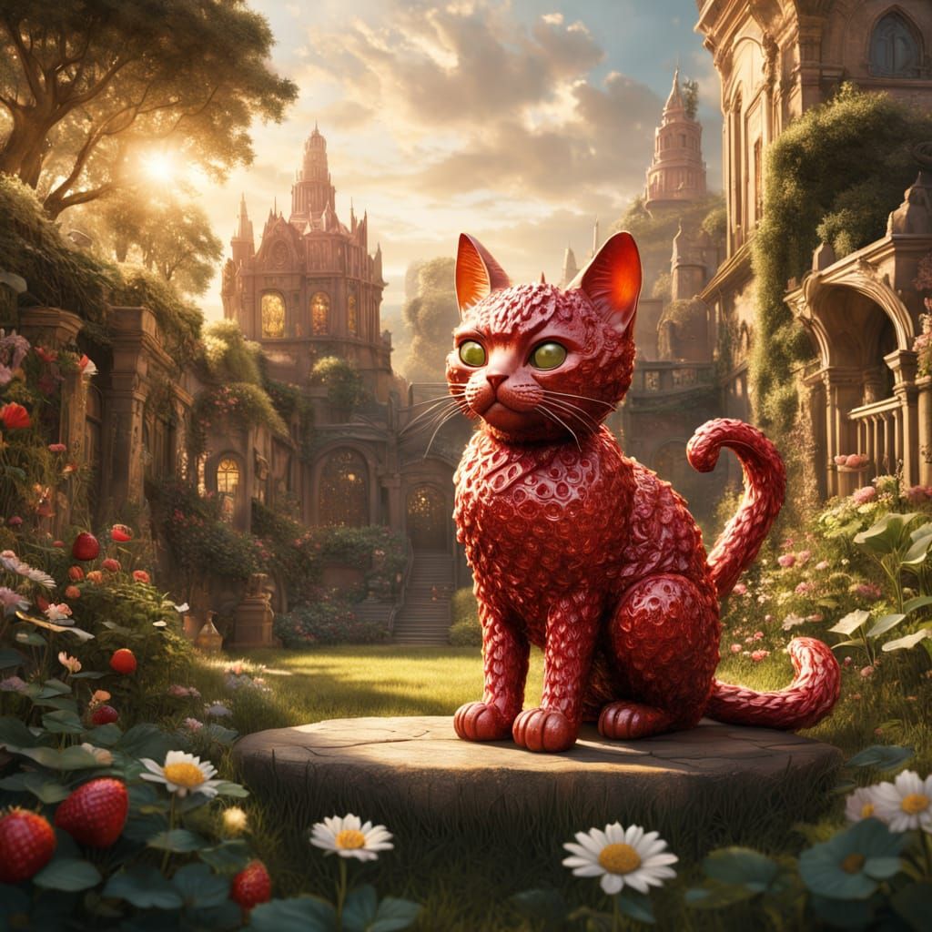 Strawberry Candy Cat in Golden Hour Garden