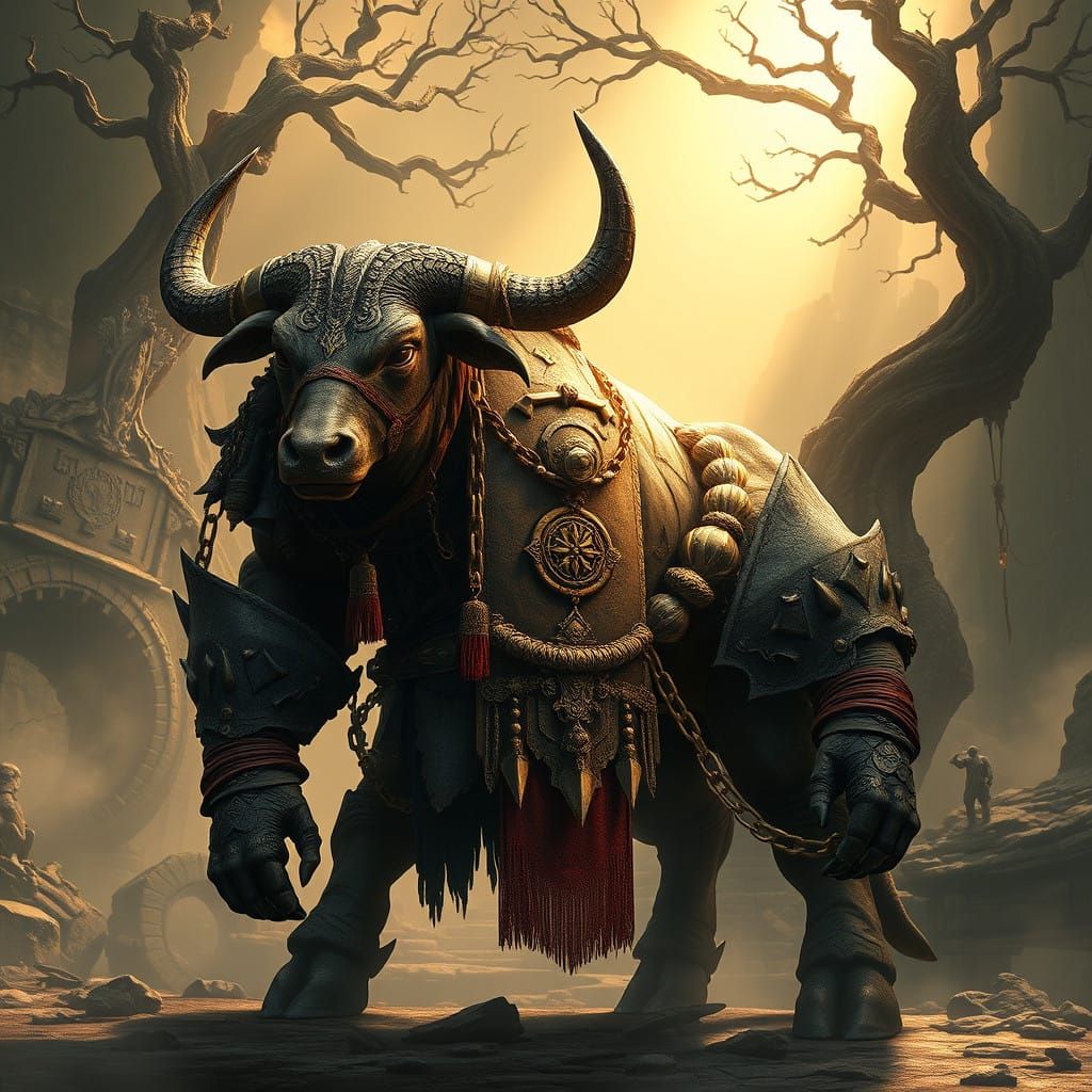 Majestic Armored Bull Warrior in Ancient Fantasy Realm