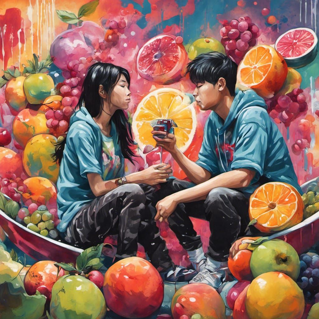 Teen Couple Chatting in Fruit Bowl: Graffiti Art