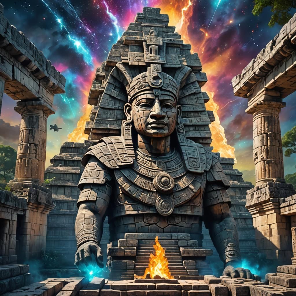 Mayan Figure at Chichen Itza Ruins in Cosmic Illustration