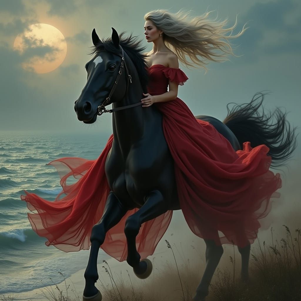 Woman Riding Majestic Black Horse Along Mystical Coastline i...