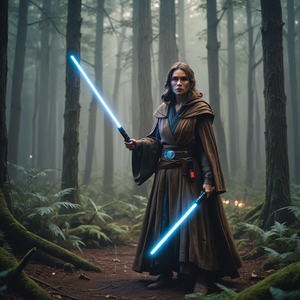 Female Jedi Knight with Blue Lightsabers in Forest