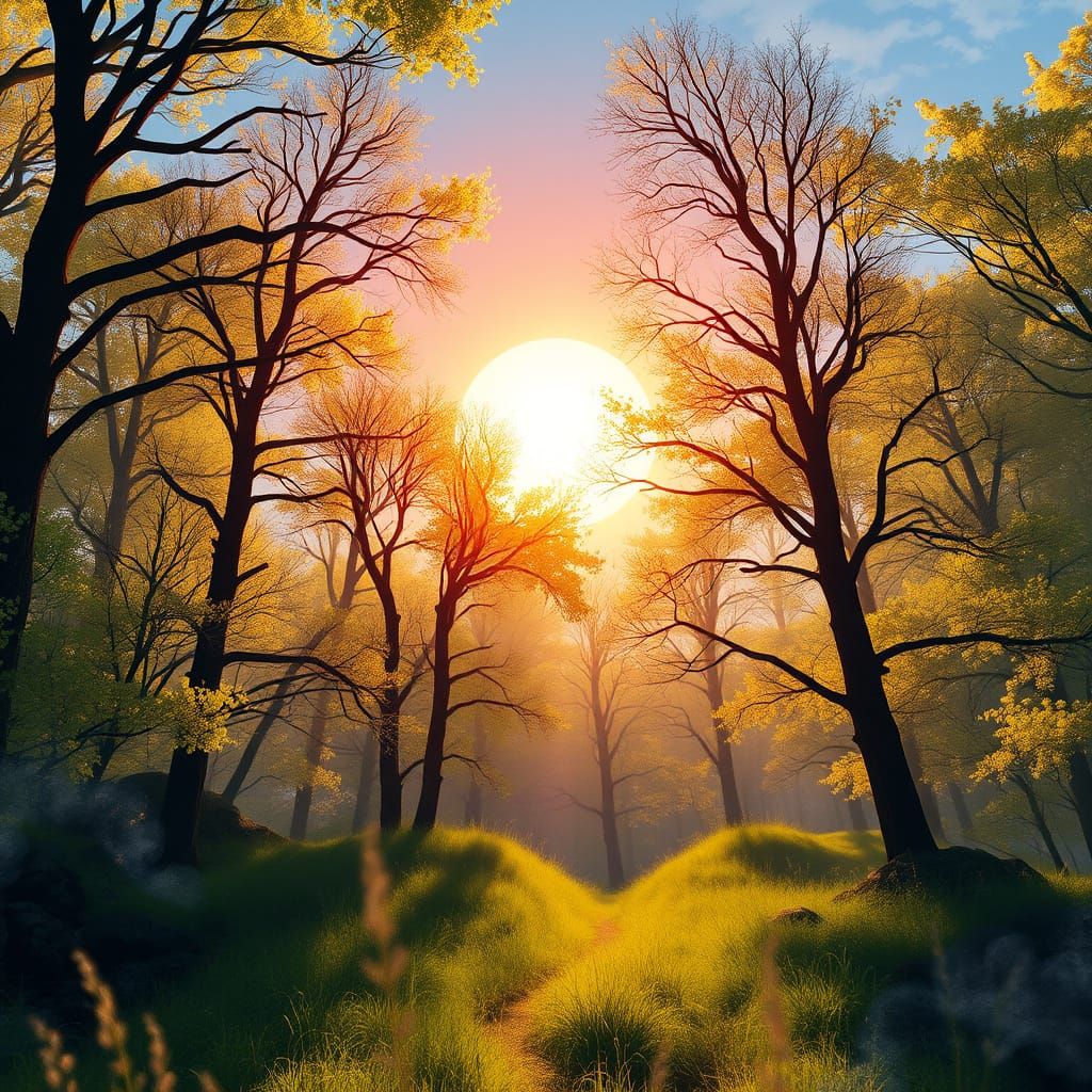 Ethereal Spring Landscape in Vibrant Watercolor Style