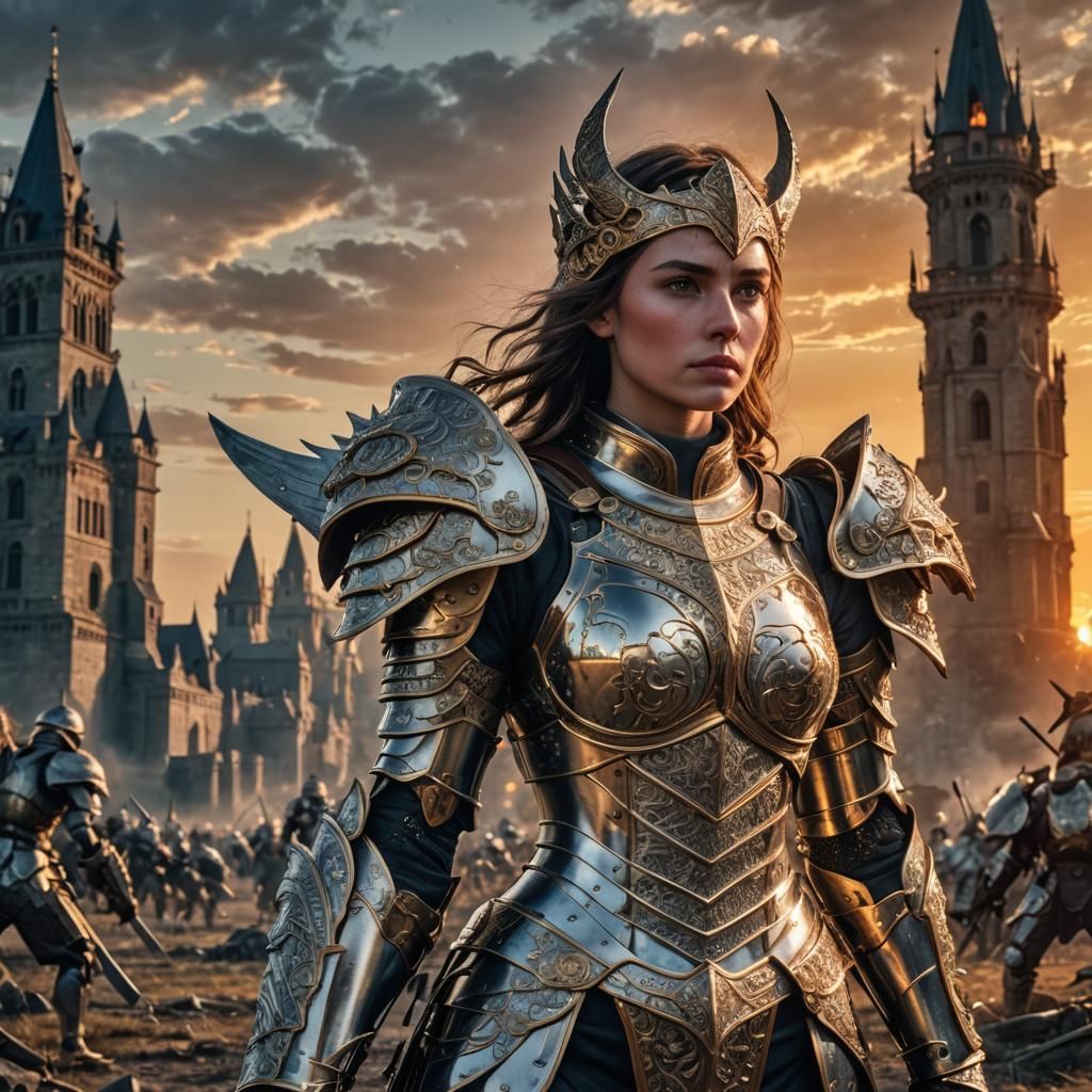 Armored Lady on Battlefield at Sunset