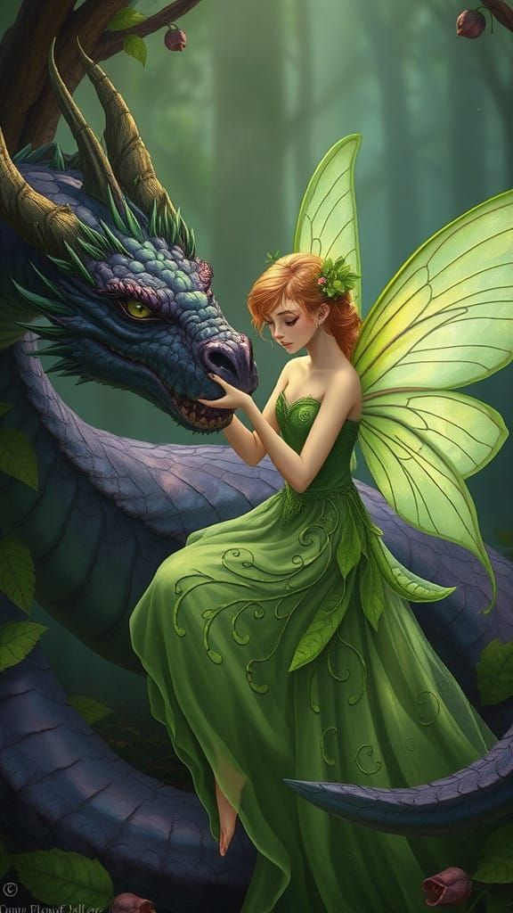 Enchanted Earth Fairy Feeds Majestic Dragon Amidst Whimsical...