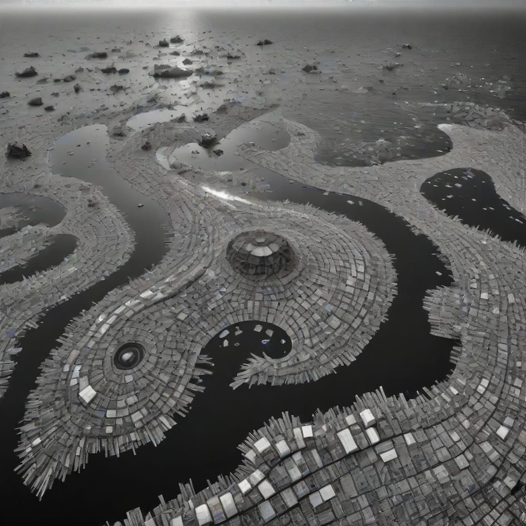B&W photography, maximalism, plastic islands in the Great Pacific Garbage Patch, dynamic lighting 8K resolution, natural...