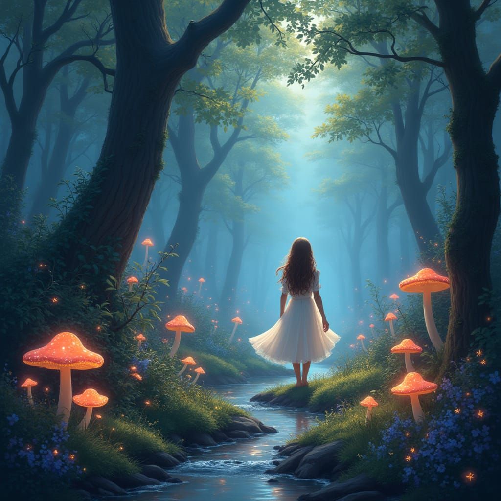 Ethereal Forest with Bioluminescent Flora, Digital Painting