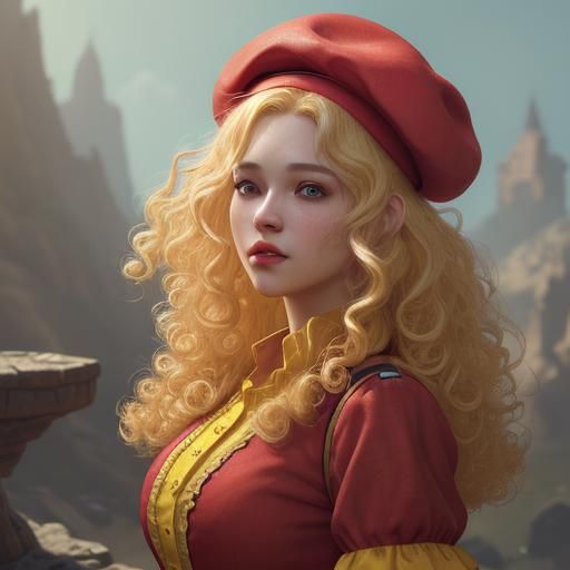 Blonde Woman with Red Beret: Detailed Matte Painting