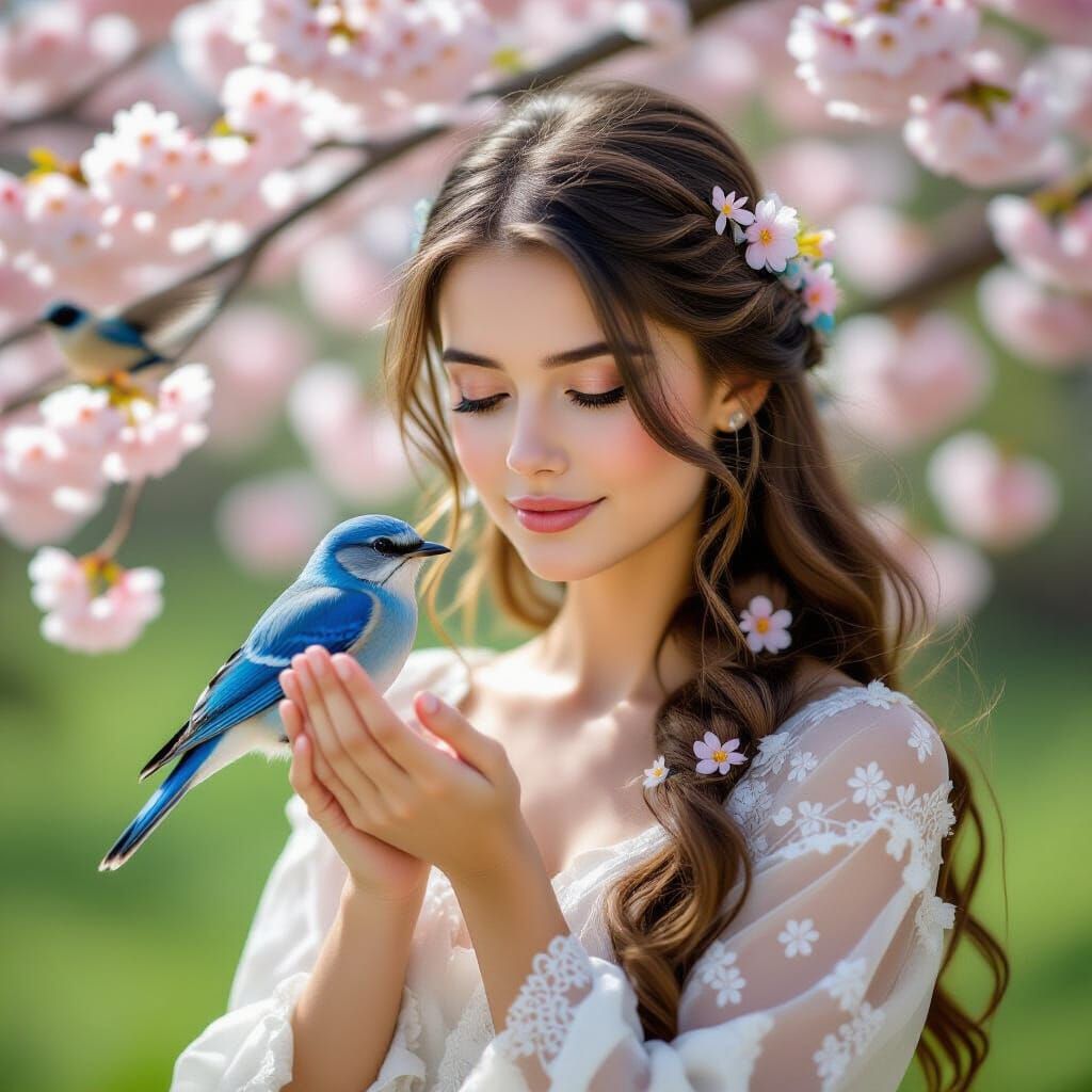 A dreamy scene featuring a young woman with flowing hair ado...