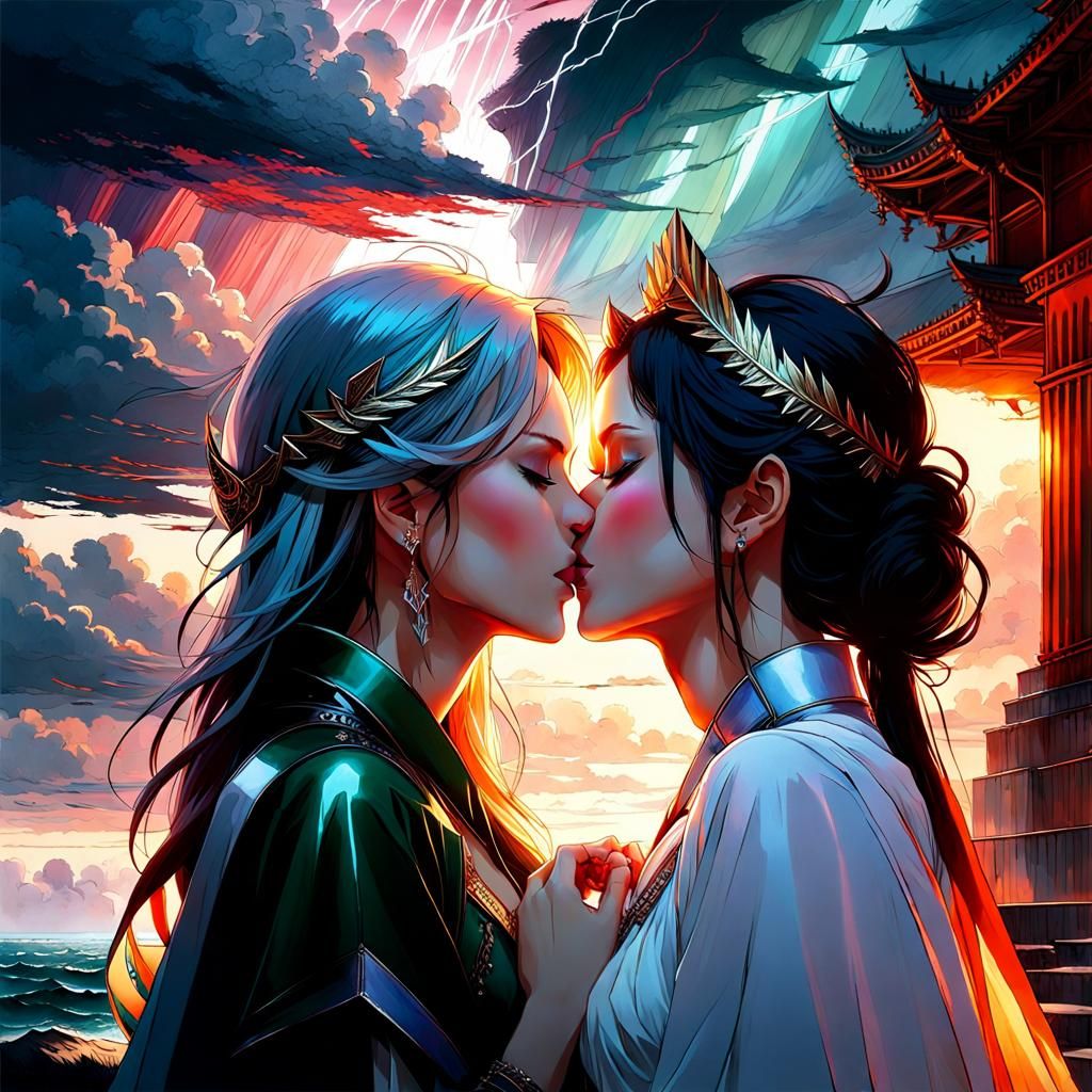 Passionate Lesbian Kiss in Stormy Fantasy Landscape