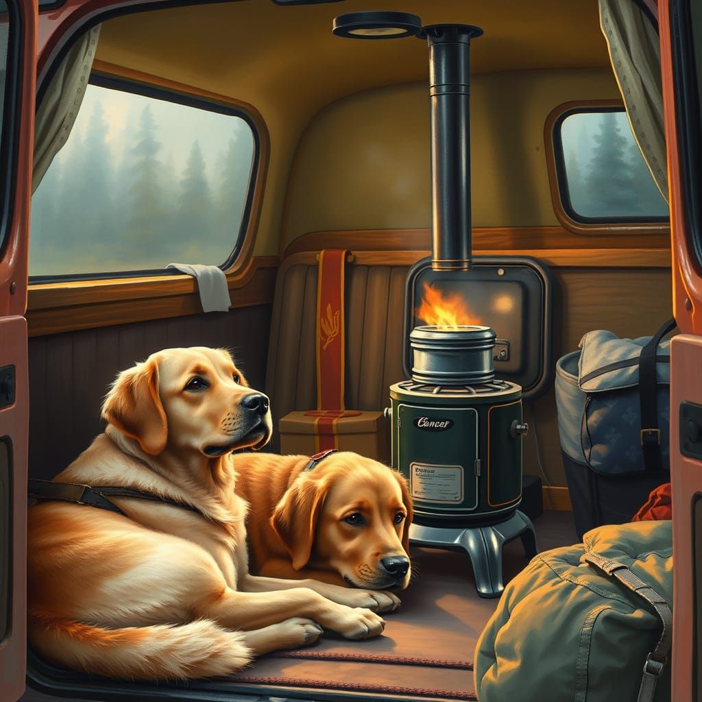 Cozy Vanlife Scene with Dog and Vintage Stove