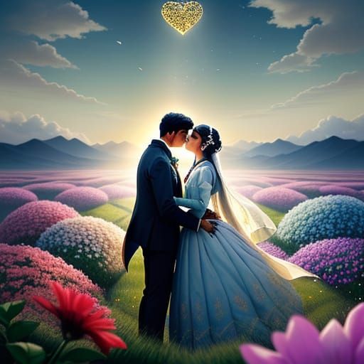 Surreal Scene of Blooming Clocks and Eternal Love