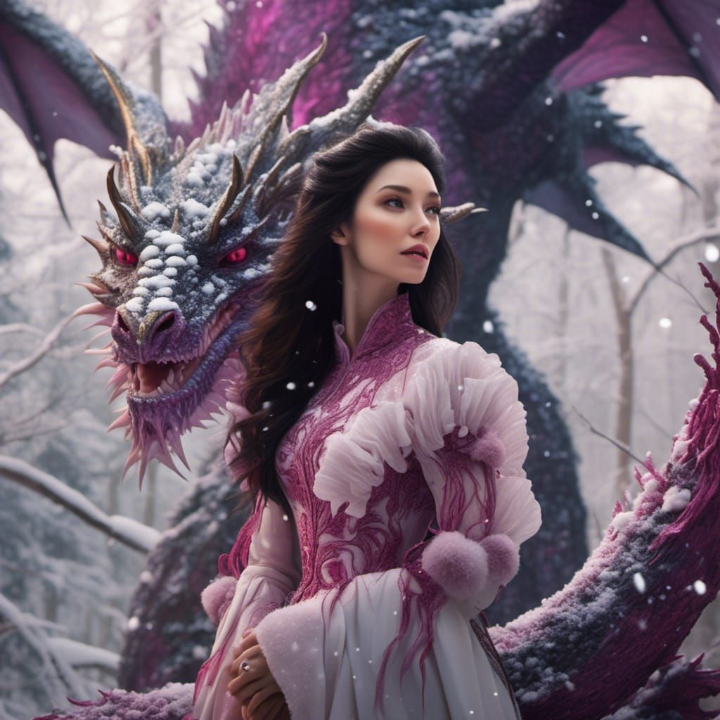 Woman with Magenta Dragon in Snowy Forest