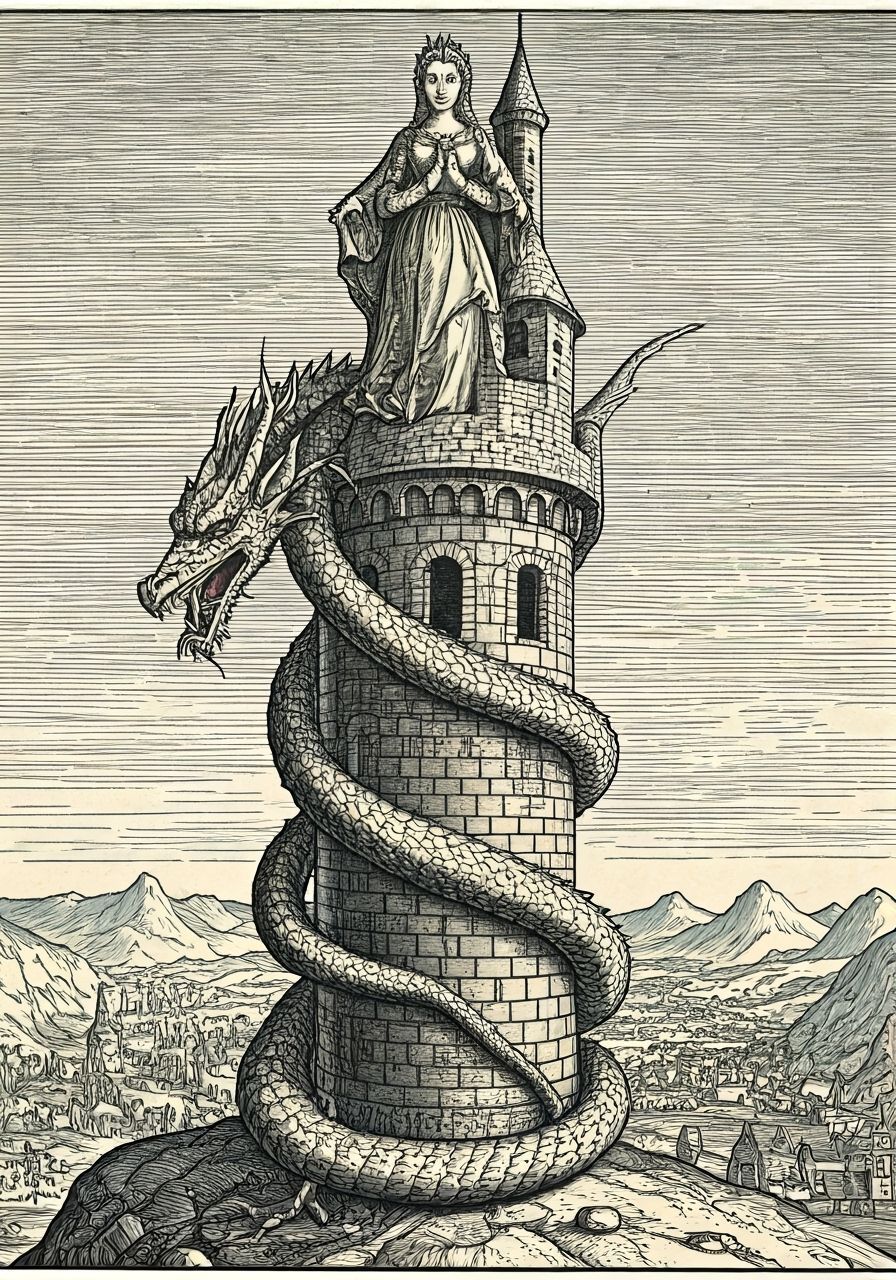 Dragon Entangles Tower in Engraving Style