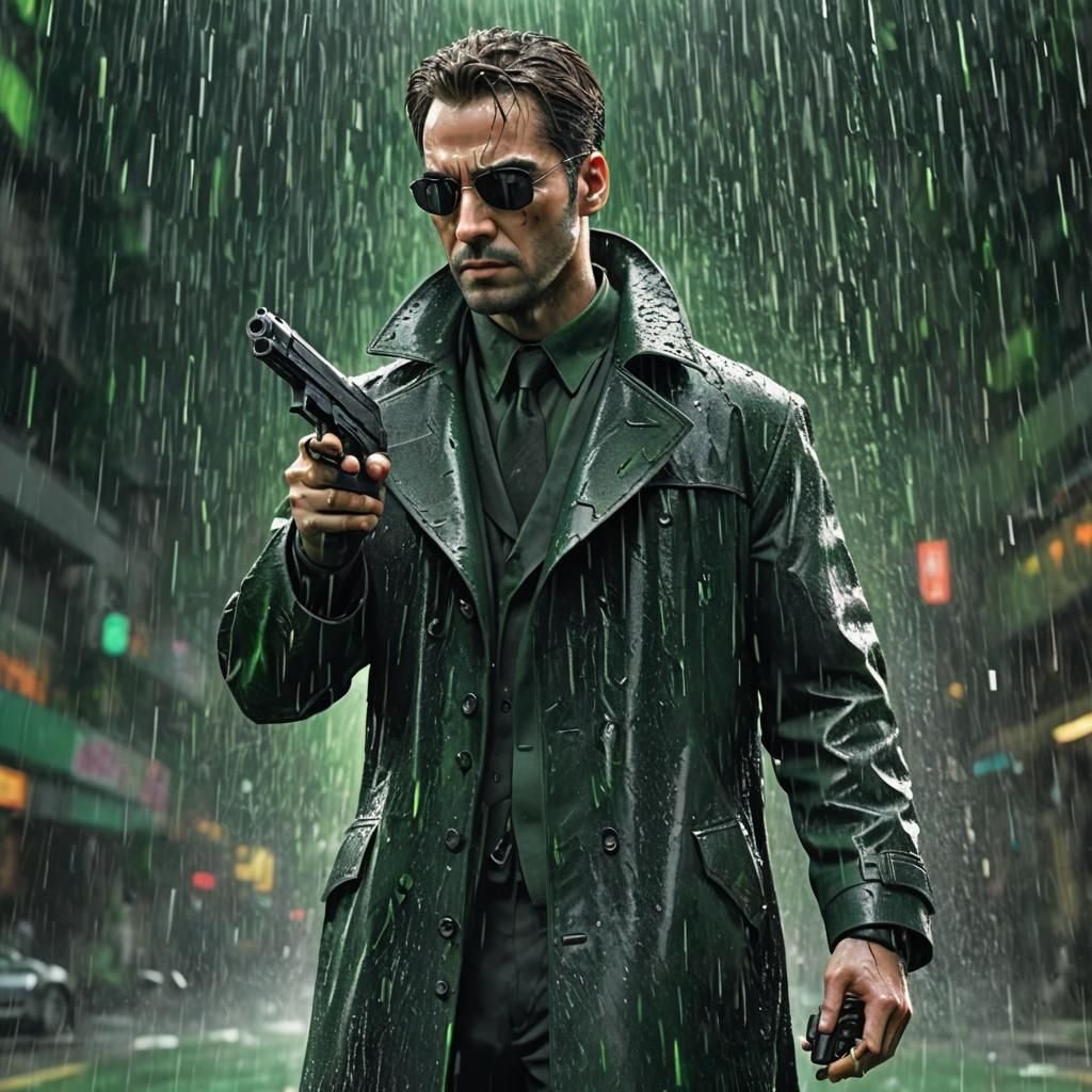 Hyperrealistic Figure in Digital Rain, Cyberpunk Aesthetic