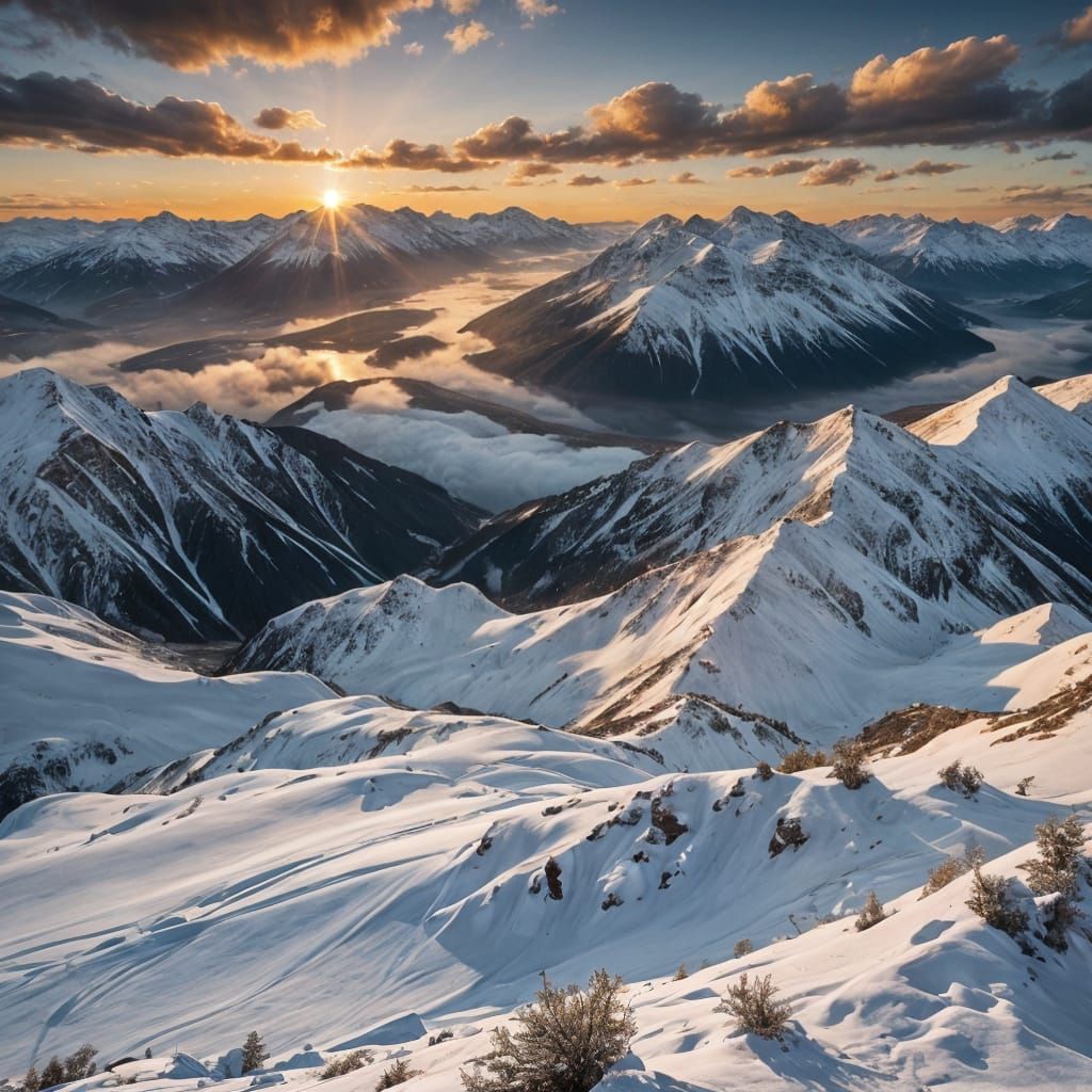 Snowy Mountain Sunset Landscape in High Resolution
